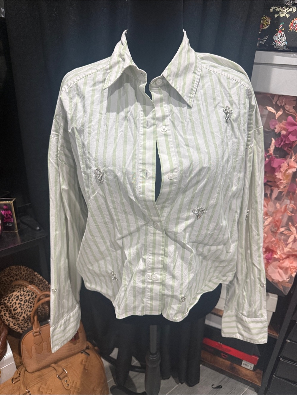 Express Pale Green and White Striped Embellished Button-Down Shirt